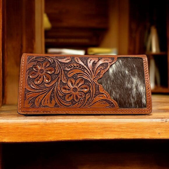 Hand Tooled Genuine Leather Hair on Hide Wallet - Picture 2 of 6
